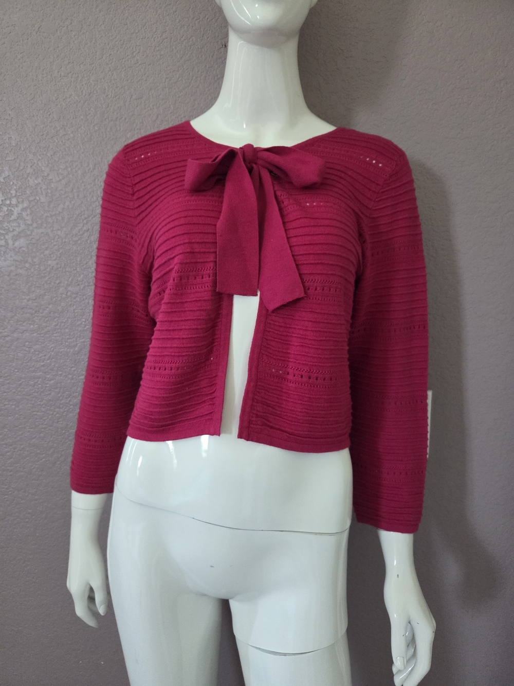 New York & Company Fuchsia Tie-Bow Knit Cardigan